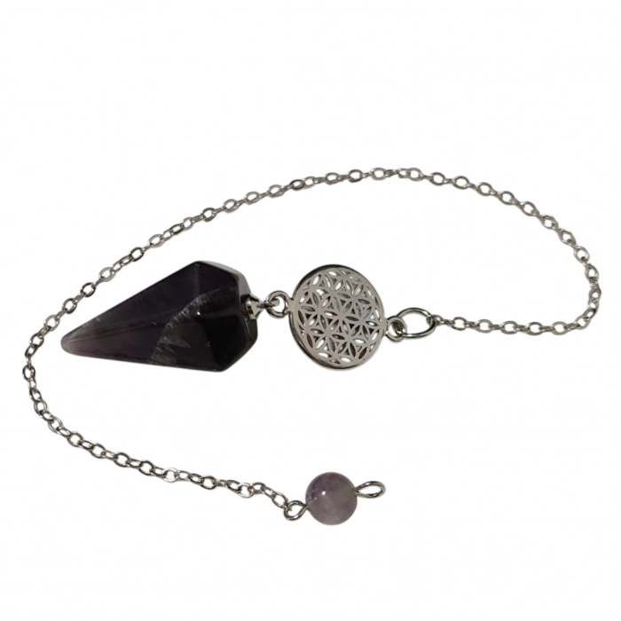 Pendule en améthyste avec symbole fleur de vie, outil pour chakra Ajna