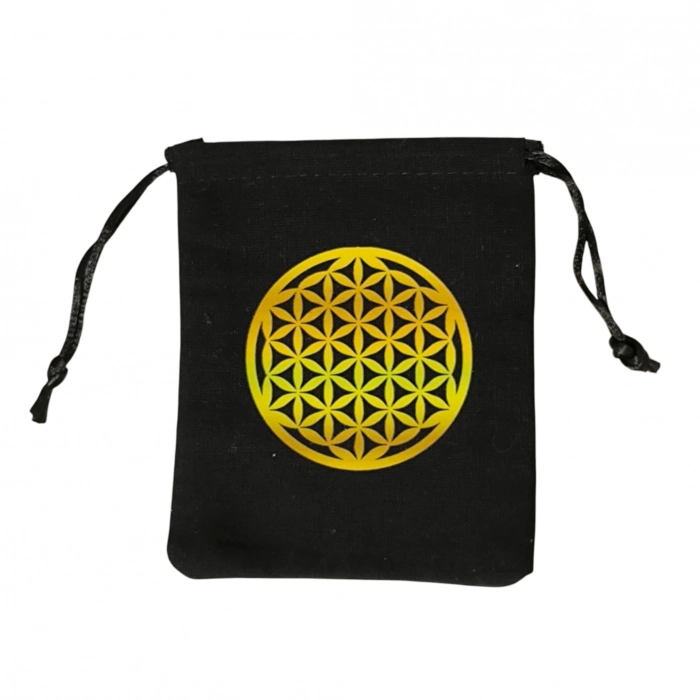 Pochette de rangement noire avec fleur de vie dorée – Kit intuition Ajna