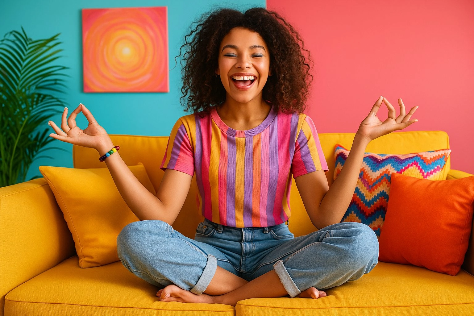 5-erreurs-a-eviter-quand-ob-veut-ouvrir-ses-chakras Femme en méditation avec les 7 chakras colorés activés – illustration pour ouvrir ses chakras naturellement grâce aux kits Chakras Tonics