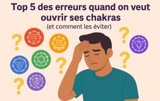 Illustration colorée montrant un personnage pensif entouré des symboles des chakras, représentant les erreurs fréquentes quand on veut ouvrir ses chakras.