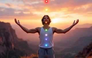 Homme en méditation face au lever du soleil, pratiquant un rituel chakra pour le réveil énergétique et ouvrir ses chakras naturellement