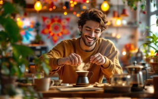 Jeune homme souriant préparant une infusion dans une ambiance chaleureuse et colorée, incarnant la pleine conscience du quotidien.