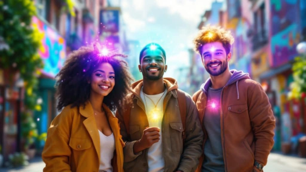 Trois jeunes adultes souriants avec chakras lumineux en ville, illustrant l’énergie d’un kit chakra rituel pour le bien-être quotidien.