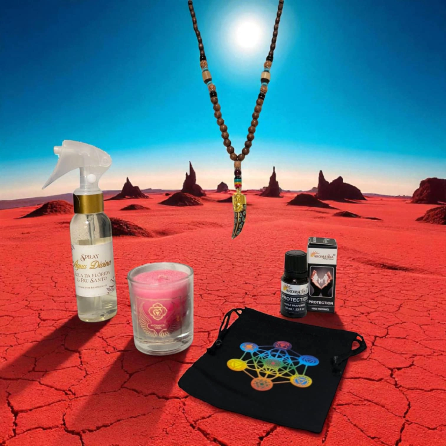 Kit Safe Zone pour la protection d’âme avec bougie Uriel, eau de Floride Palo Santo, talisman corne, huile Aromatika et pochette Metatron.