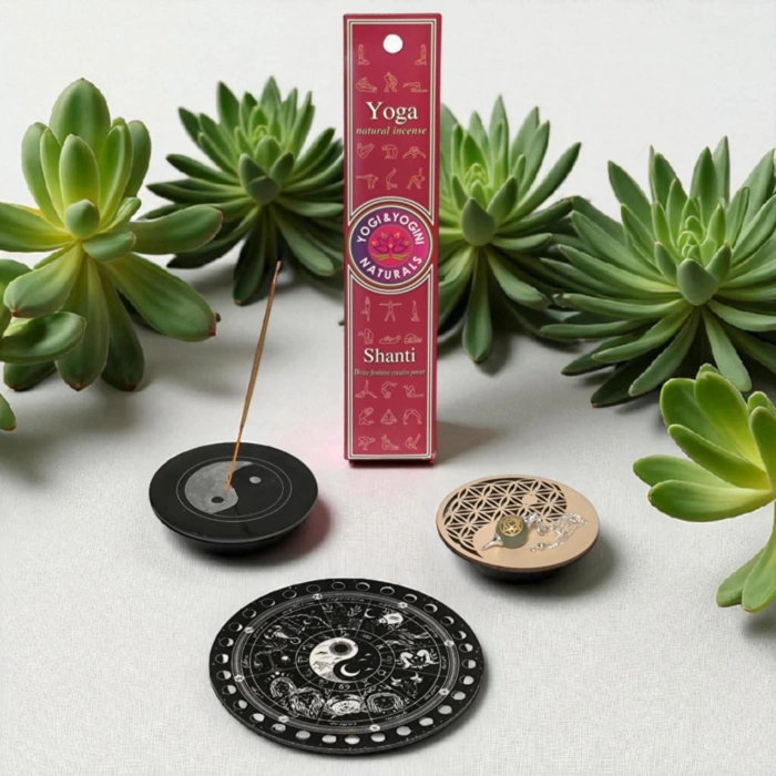 Kit rituel Yin Yang starter avec encens Shanti, pendule chakra cœur en aventurine verte, plaque fleur de vie et tapis divinatoire zodiaque