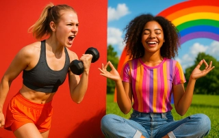 Deux jeunes femmes se confrontent dans une salle colorée, l’une en tenue de yoga, l’autre en look de businesswoman, symbolisant le contraste entre bien-être et performance.