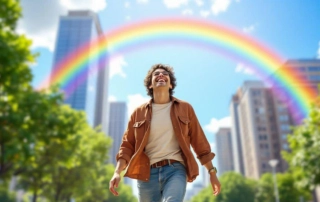 Homme souriant marchant en ville sous un arc-en-ciel lumineux, symbolisant l’harmonisation des chakras et l’équilibre énergétique.