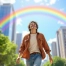 Homme souriant marchant en ville sous un arc-en-ciel lumineux, symbolisant l’harmonisation des chakras et l’équilibre énergétique.