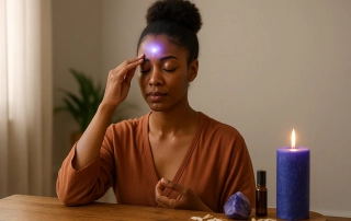 Femme en méditation avec lumière violette sur le front, activant le chakra du 3e œil pour éveiller l’intuition.